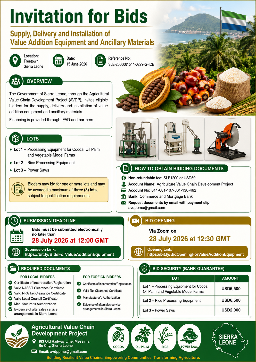 Supply, Delivery and Installation of Value Addition Equipment and ancilliary materials